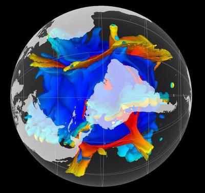 Temperature isosurfaces showing upwellings (red) and downwellings (blue)