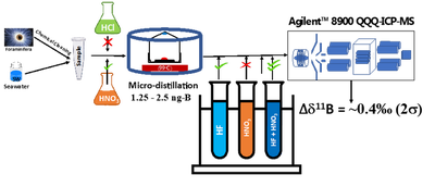 This is a novel method for precise determination of boron isotope ratio by QQQ-ICP-MS at nano gram level of boron.