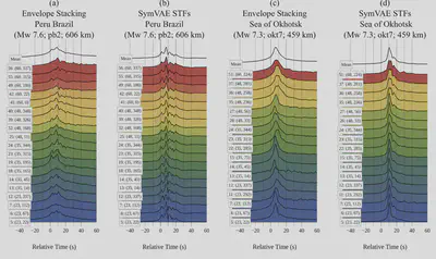 Traditional envelope-stacking methods obscure directivity patterns due to phase-averaging and loss of high-frequency information. SymVAE preserves and extracts directivity signatures with accurate azimuthal variations, revealing rupture complexity that is invisible to conventional stacking approaches. Pixels are labeled with their index followed by corresponding (polar angle, azimuthal angle) pair according to the pixelation of the focal sphere. Visit [https://eq-symae.fly.dev/](https://eq-symae.fly.dev/) for interactive plots.